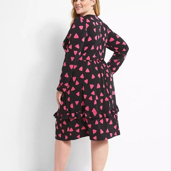 Lane Bryant Fit & Flare Dress 14/16 Black Pink Pockets V-neck Long Sleeves NEW - Picture 2 of 11